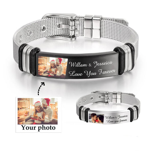 Personalized Custom Photo Name Stainless Steel Men's Bracelet Christmas Gift Fashion Mesh Watch Band black Bracelet Jewelry